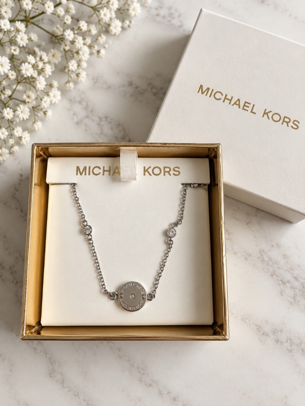 Michael Kors Silver & Crystal Logo Pendant Necklace